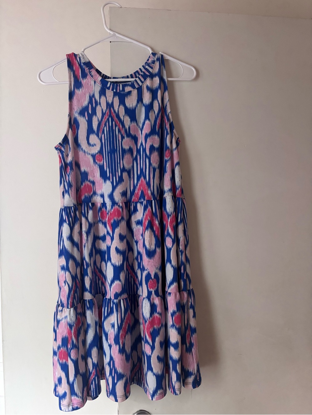 crown & ivy Blue and Pink Ikat Tiered Mini Dress